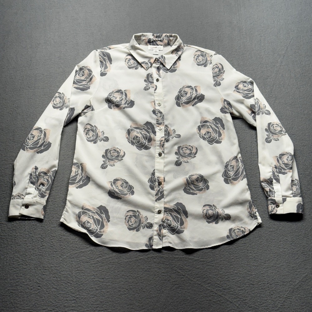 Jaclyn Smith Rose Floral Button Down Blouse Size M Cream Roll Tab Sleeve Shirt